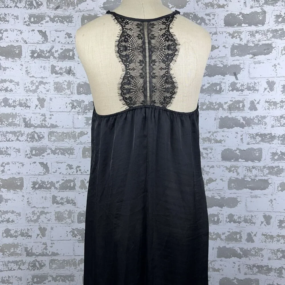 Band of Gypsies Womens L Slip Dress Midi Dress Black Fringe Lace Trim Satin Feel - Picture 1 of 9